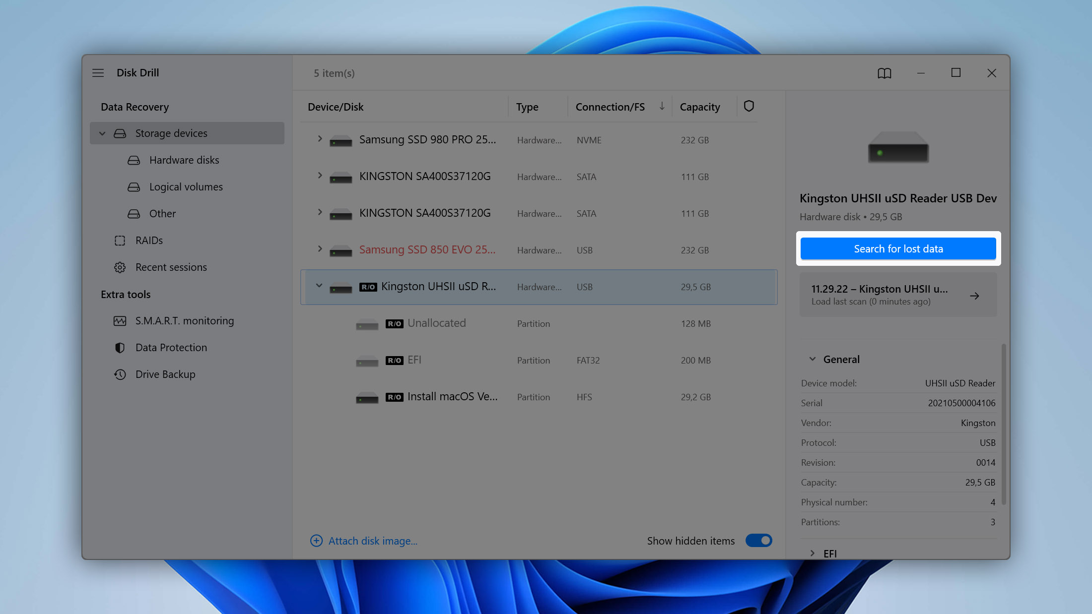 Start the scanning procedure in Disk Drill