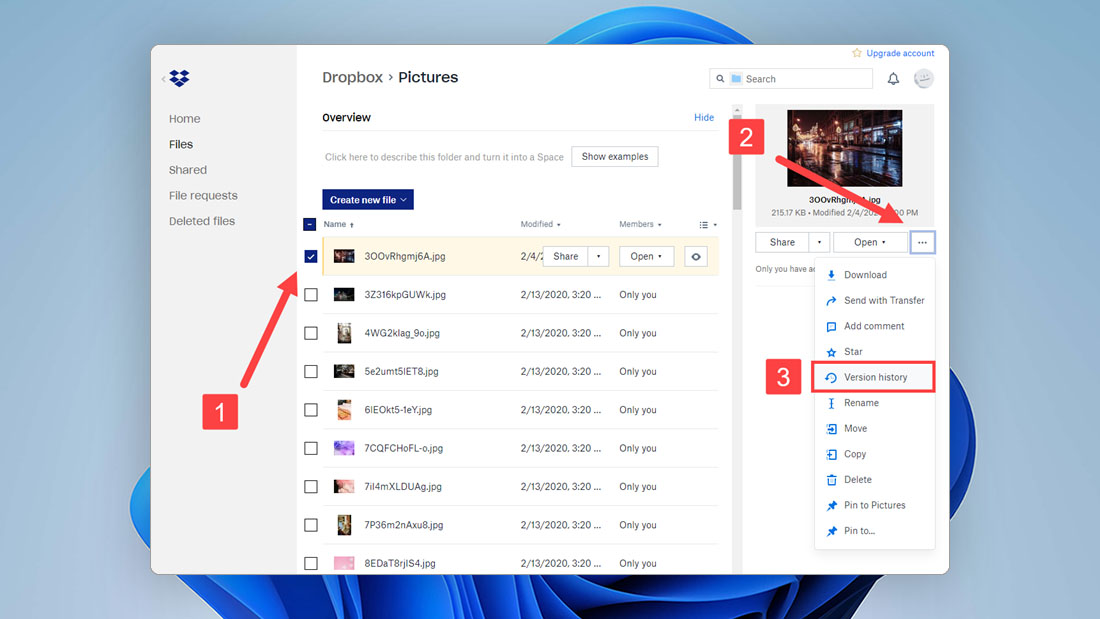 dropbox version history select