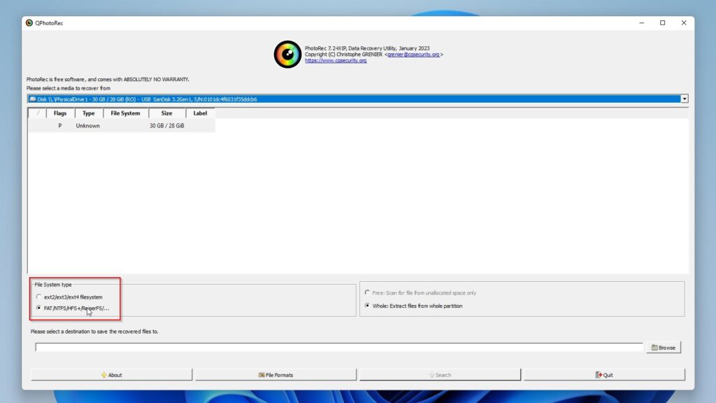 QPhotoRec Choose File System Type