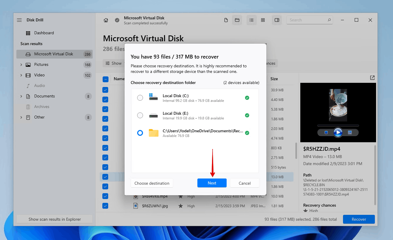 Choosing a recovery location for Disk Drill.