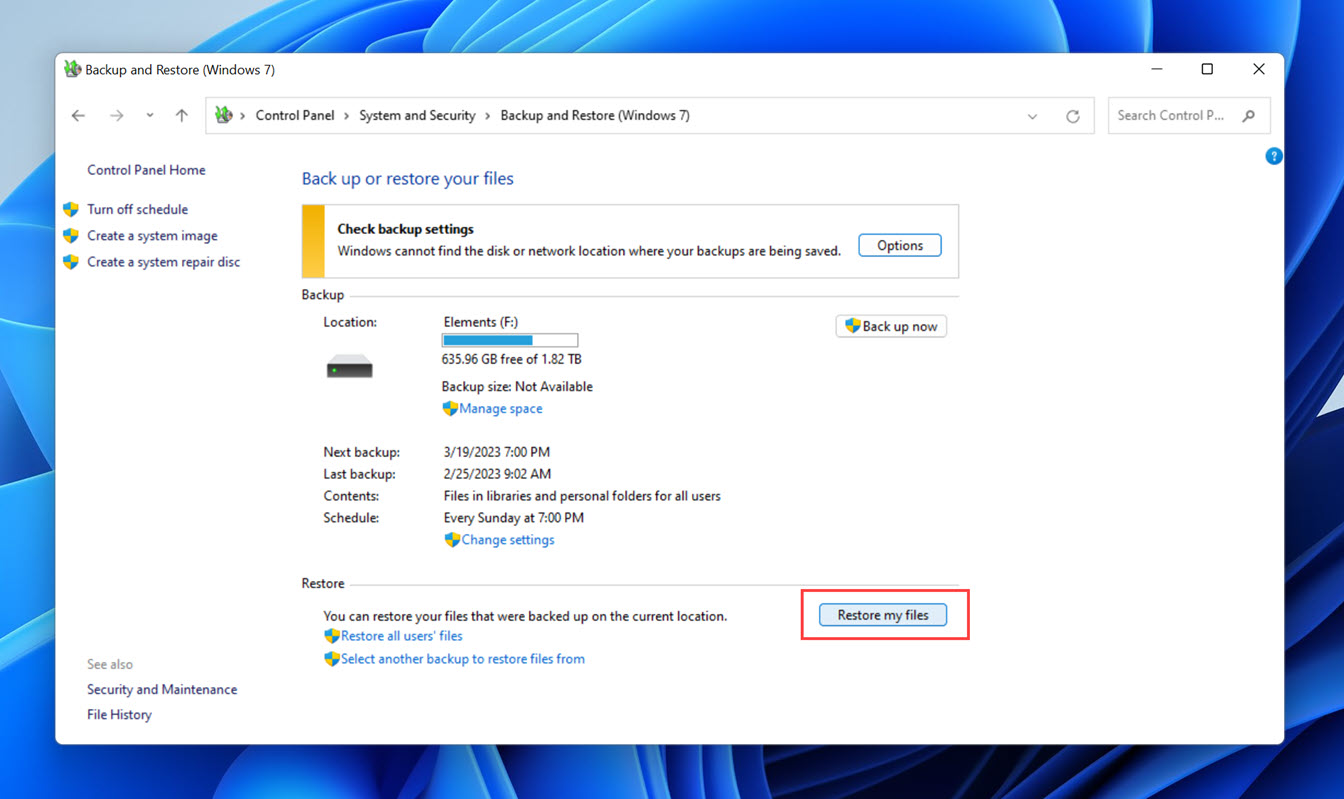 backup and restore restore my files