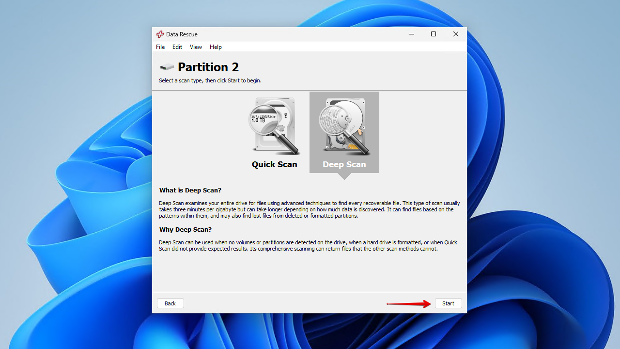 Beginning a deep scan with Data Rescue.