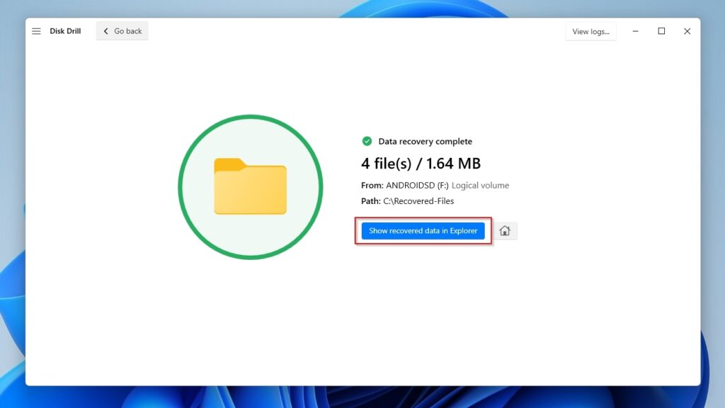 Disk Drill Recovery Complete Show Recovered Data in Explorer