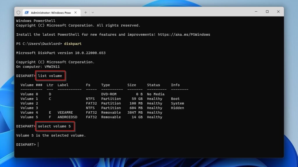 Windows Terminal DiskPart List Volume and Select Volume