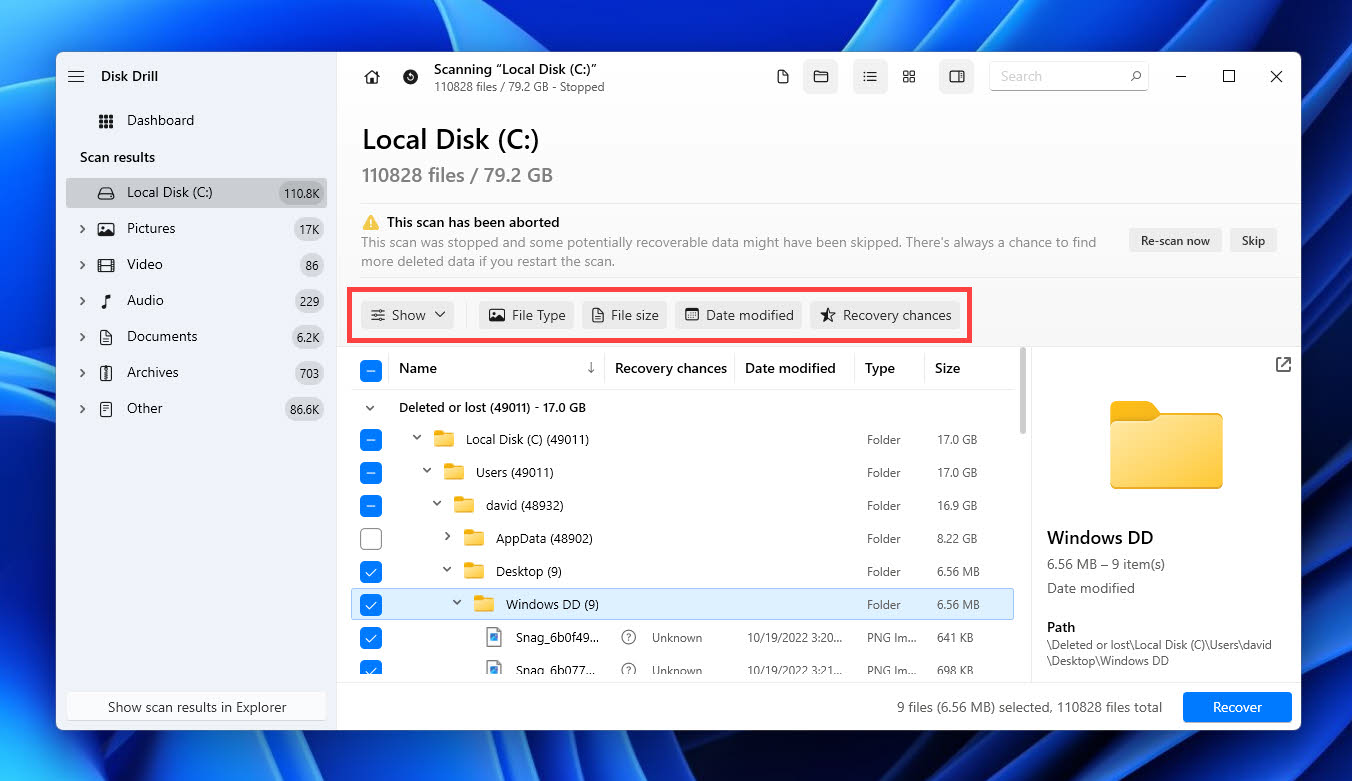 disk drill desktop folder select