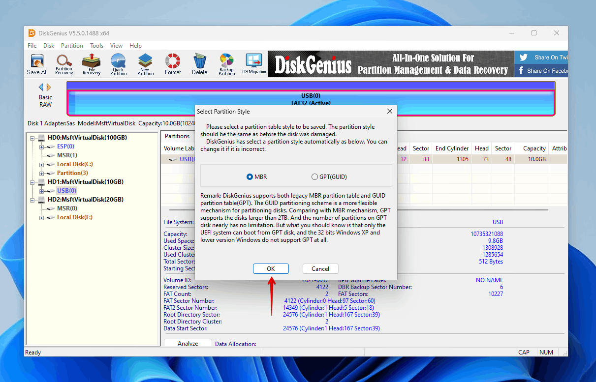 Selecting the partition style.