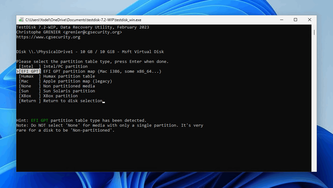 Selecting the partition table type.