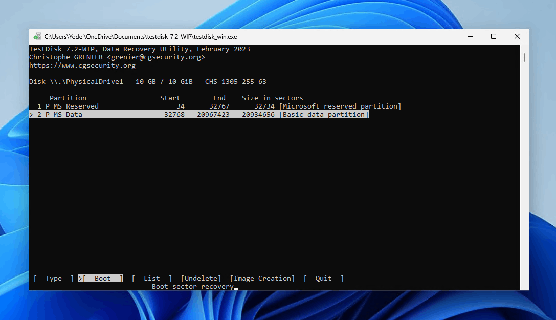 Selecting the partition.