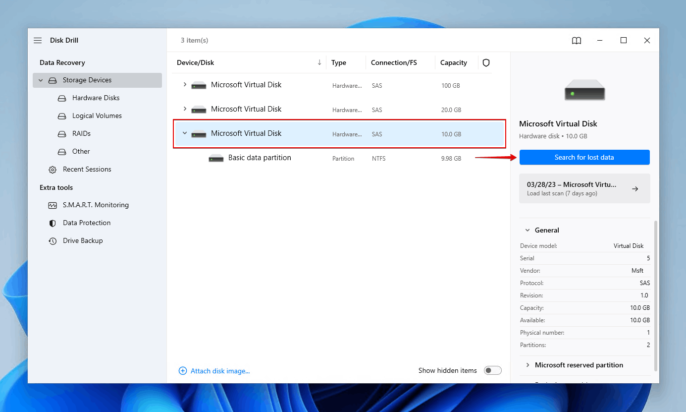 Selecting the uninitialized disk in Disk Drill.