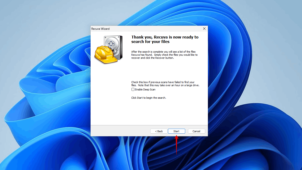 Beginning the Recuva scan.