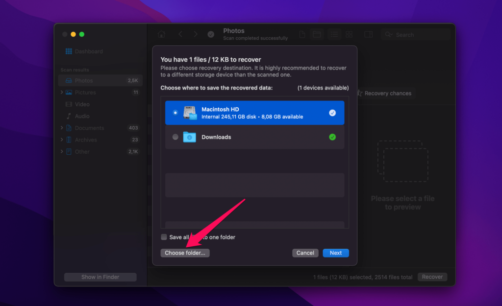 choose where the files you want to recover in disk drill on mac