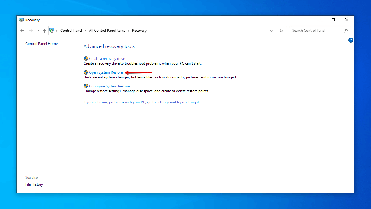 Opening System Restore.