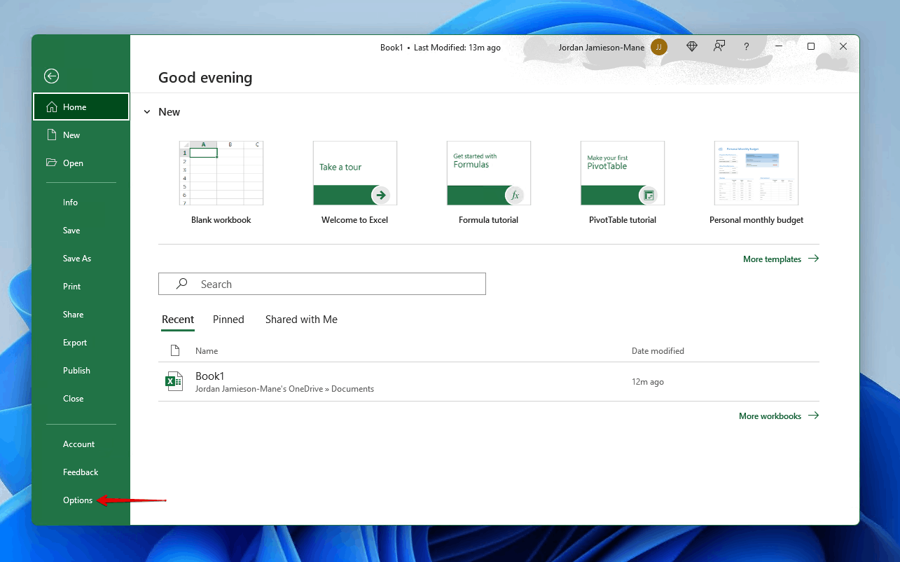 Clicking Options in Excel.