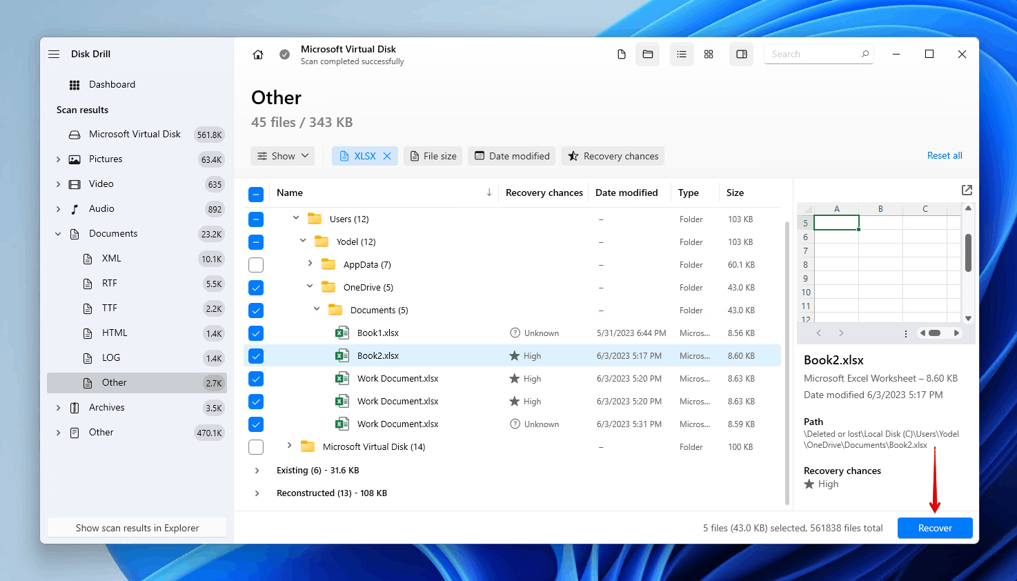 Recovering the Excel files with Disk Drill.