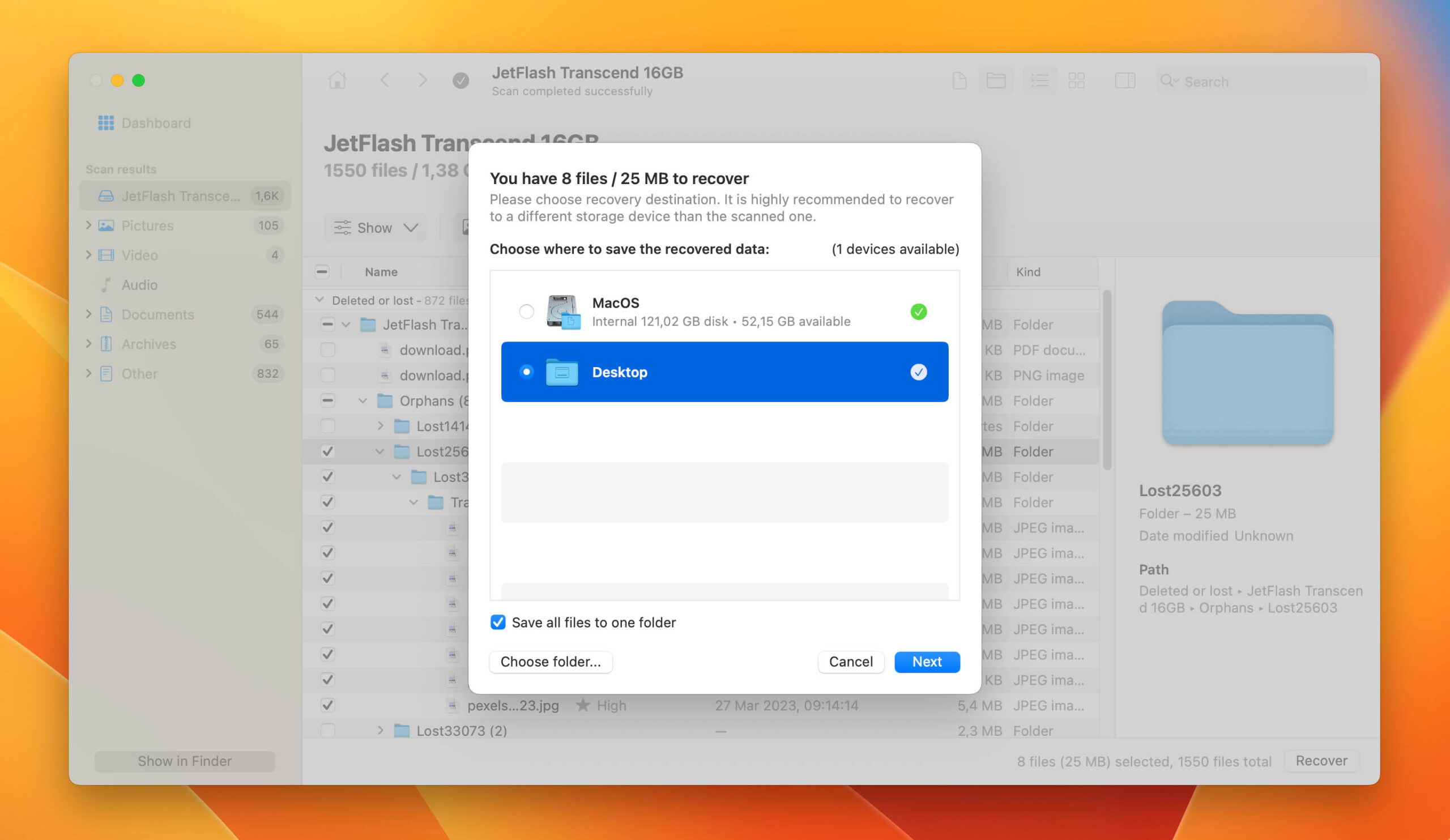 Image of Disk Drill's destination path selection screen, where you can choose where to restore deleted folders