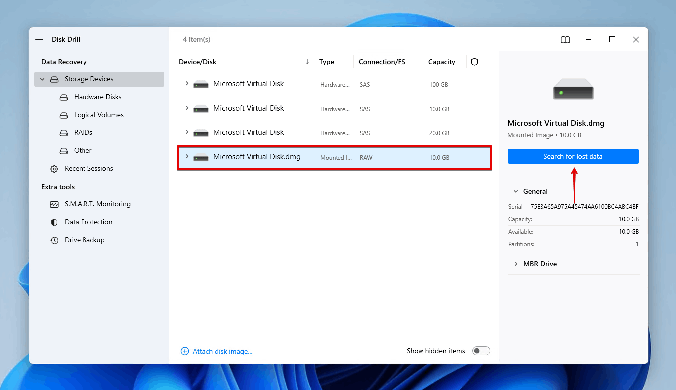 Selecting the hard drive image to scan.