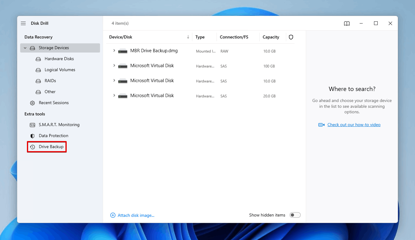 Opening Disk Drill's Drive Backup feature.