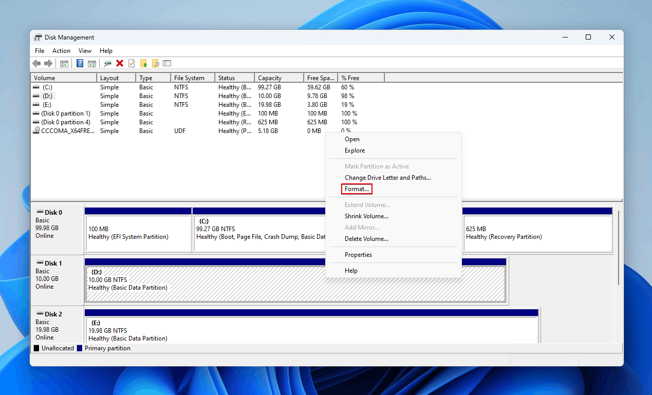 Choosing to format the partition.