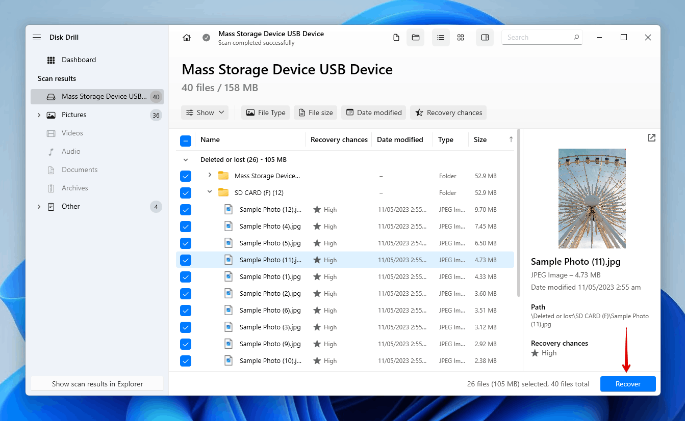 Recovering the selected photos from the Nikon SD card.