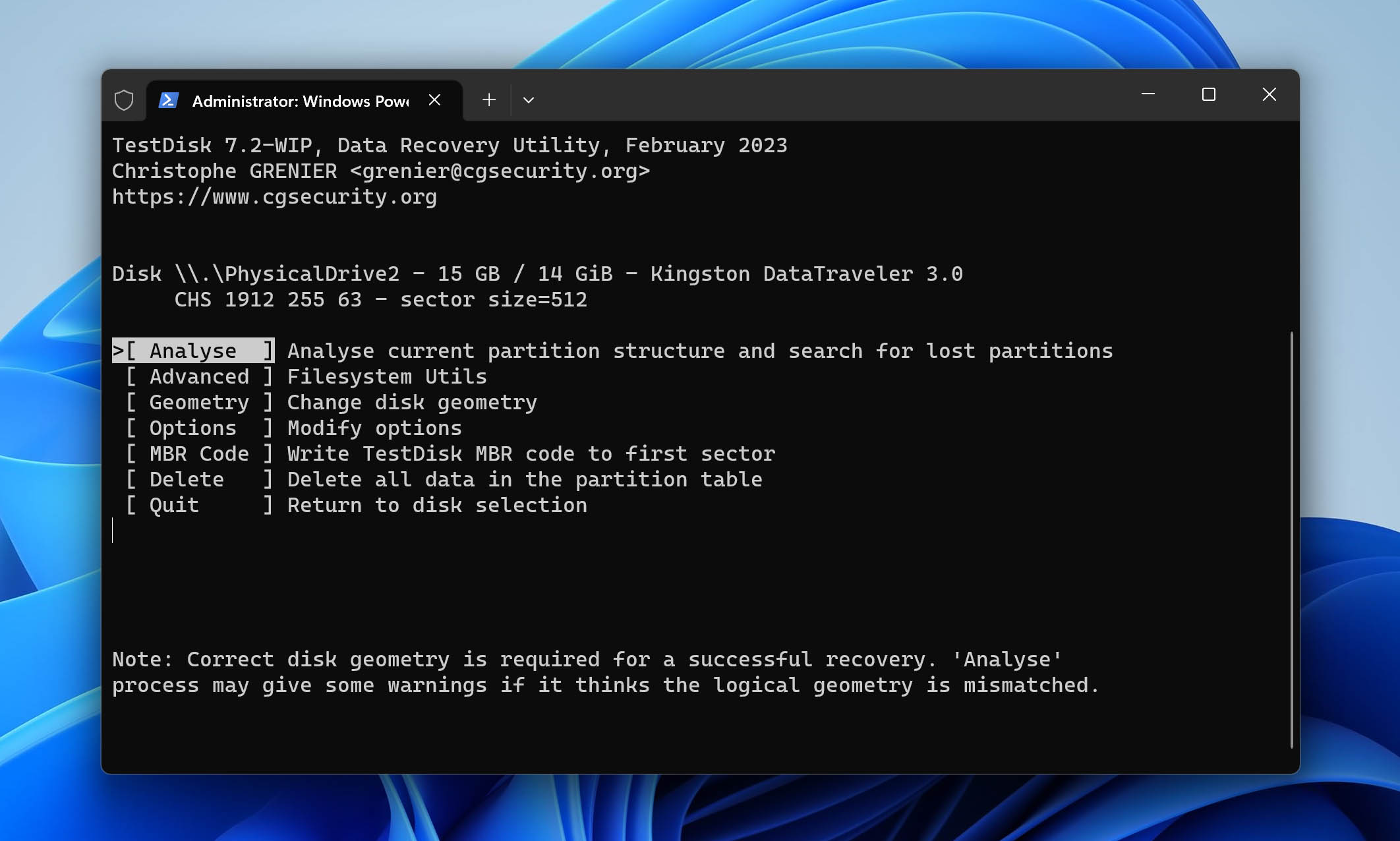 Select Analyse to verify the disk structure and search for lost partitions