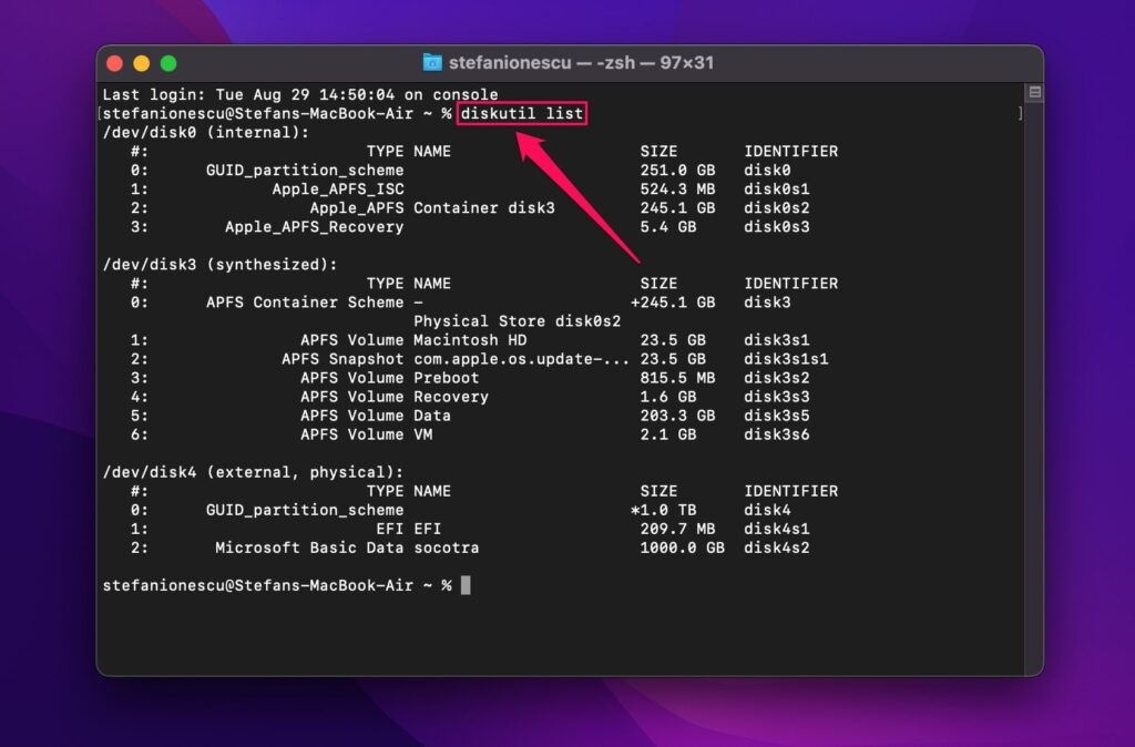 terminal diskutil list