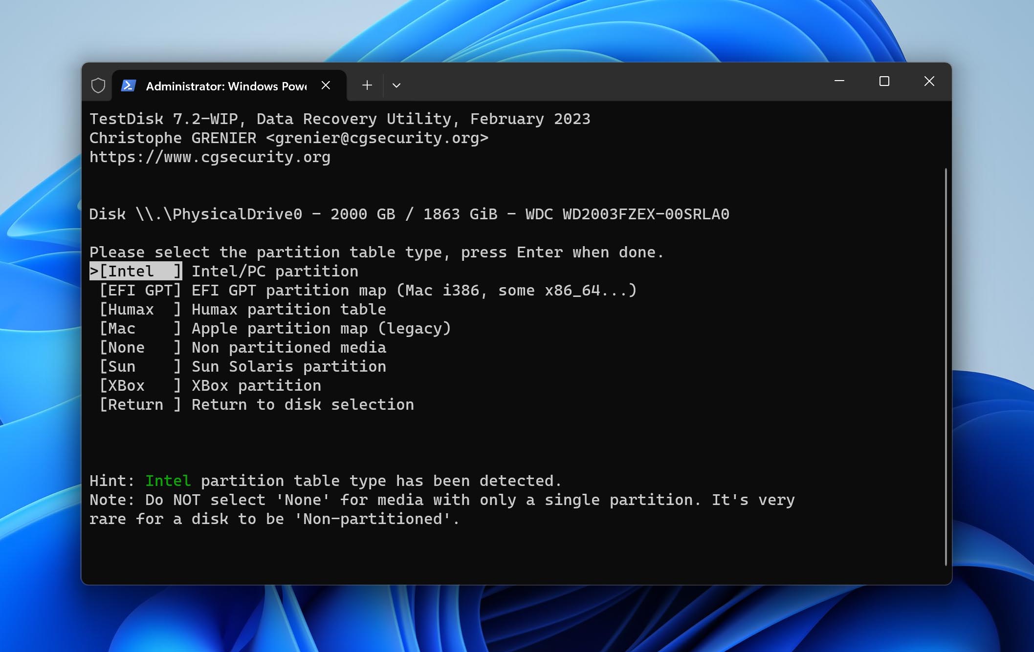 select partition type testdisk