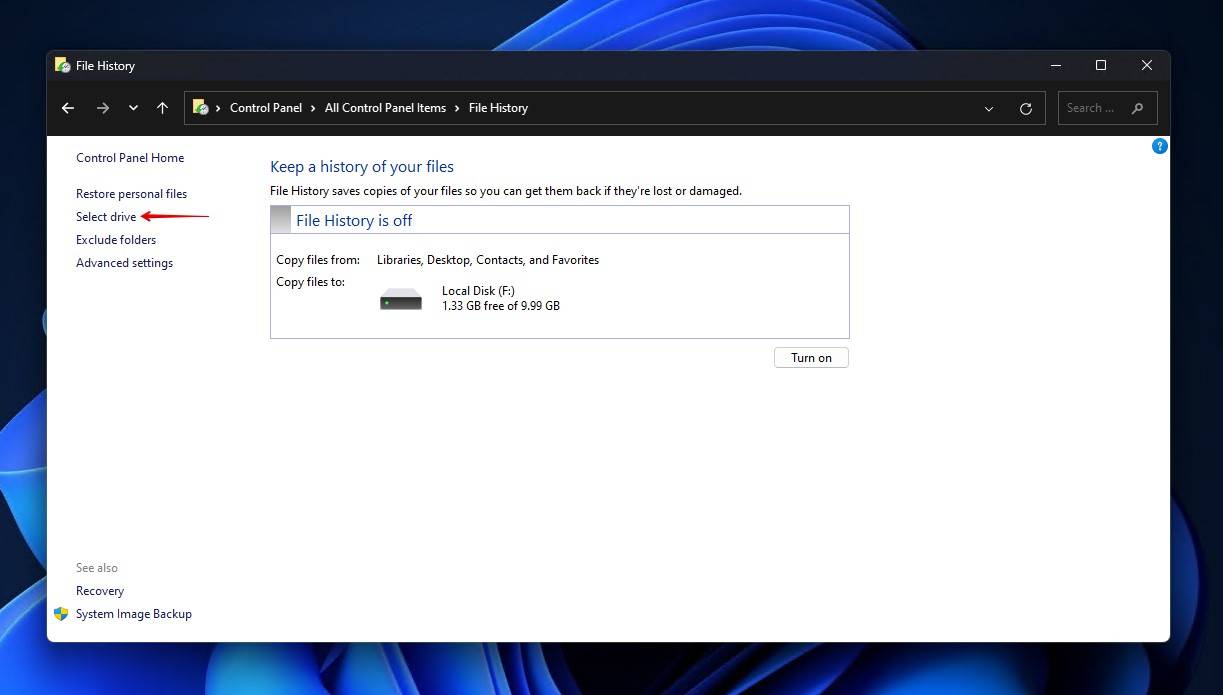 Selecting the drive for File History.